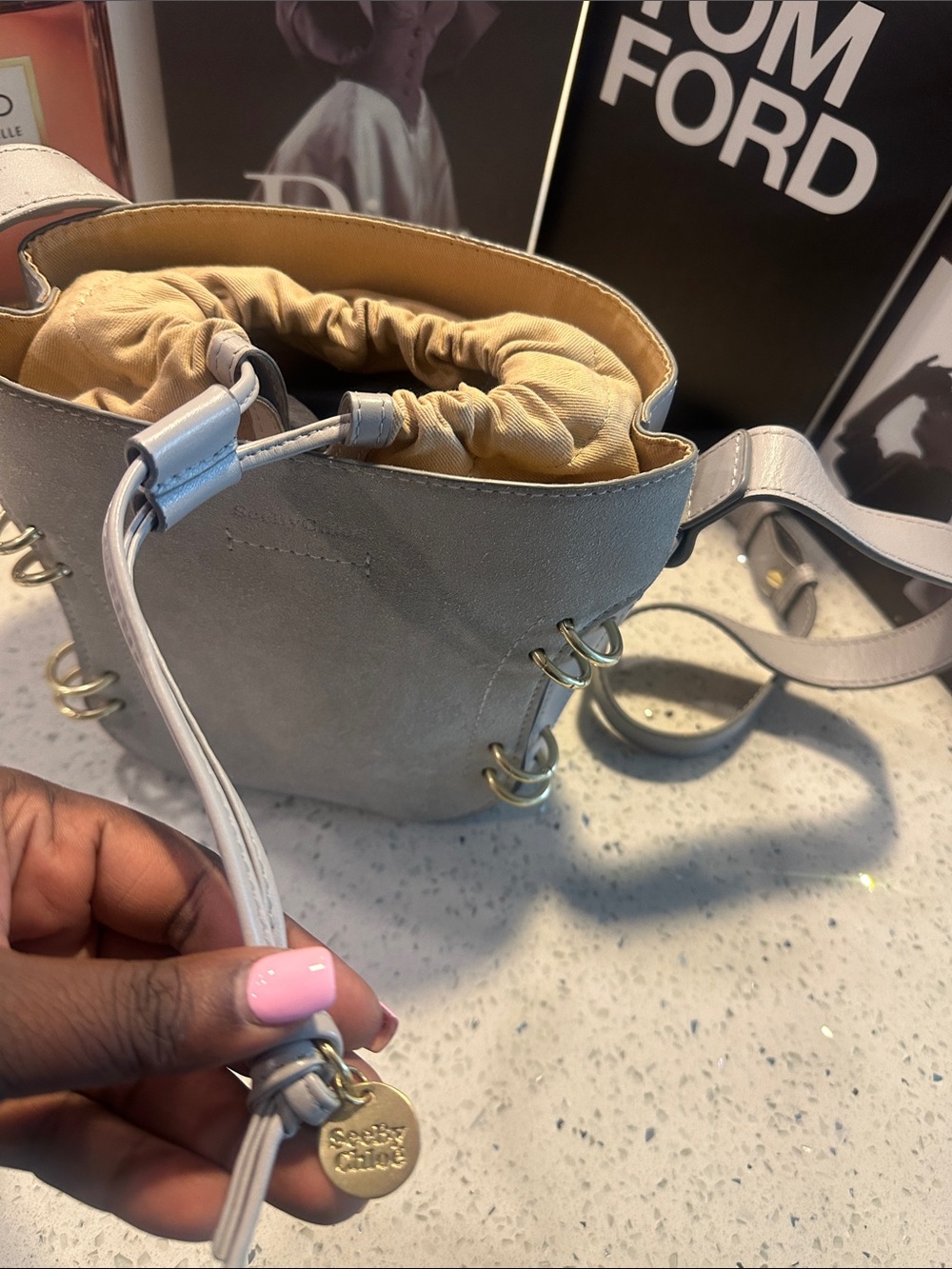 See By Chloe Gray Leather Drawstring Crossbody with Gold Accents - Picture 3 of 17